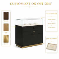 Vitrine de présentation de bijoux sur pied personnalisable, en verre, acier inoxydable et bois, avec éclairage LED, pour magasin de détail