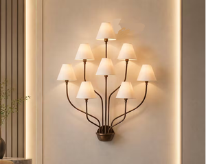 Modern Brass Multi Arm Wall Sconce with White Shades Designer Wall Lamp for Living Room <b>Bedroom</b> Interior <b>Lighting</b> - Product Image 2
