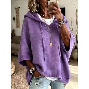 Hooded Oversized <b>Poncho</b> Sweater Lila 0XL <b>Women's</b> Sweaters - Product Image 5