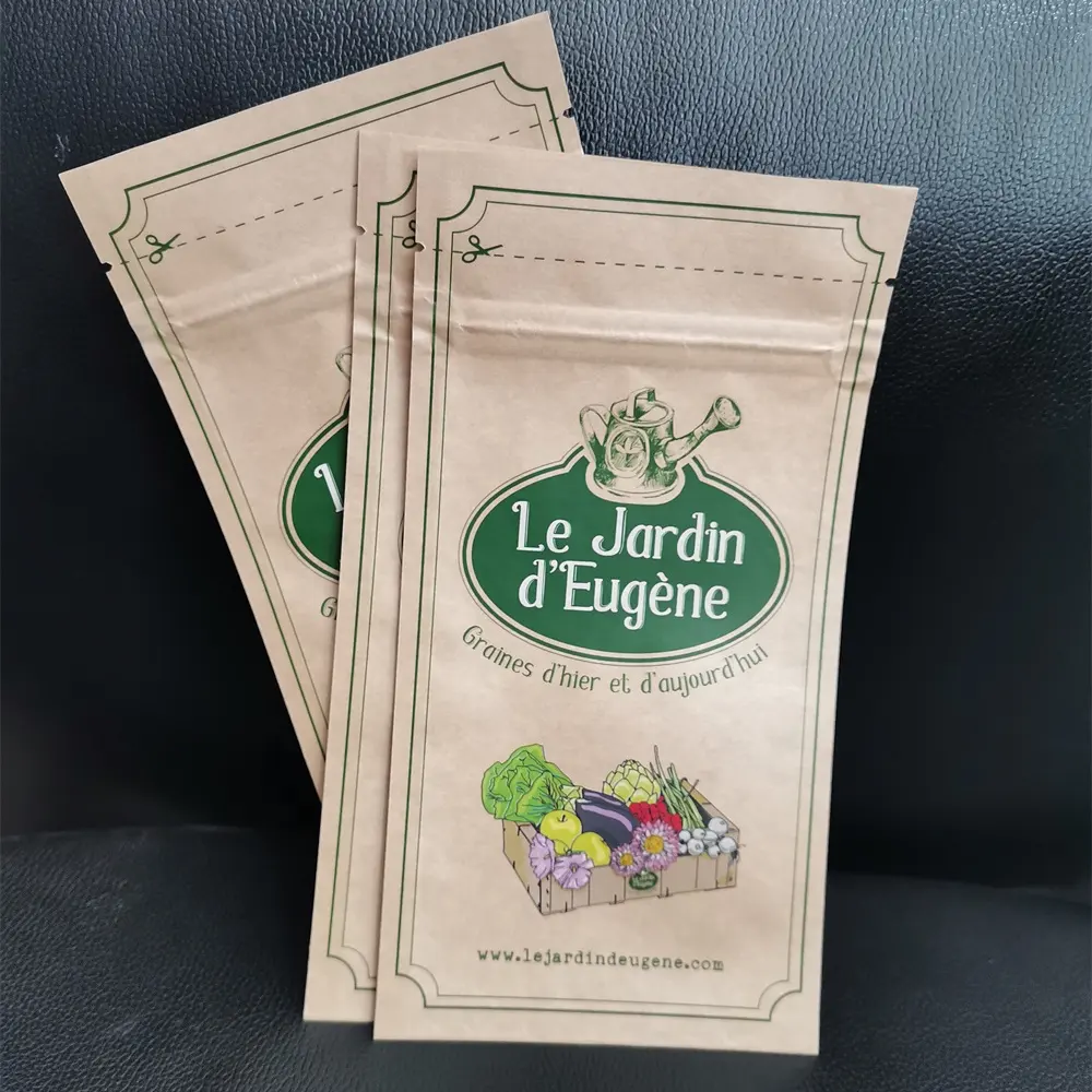 Vegetable and fruits seeds packaging brown kraft paper three side sealed bags with zipper top aluminum foil insidee