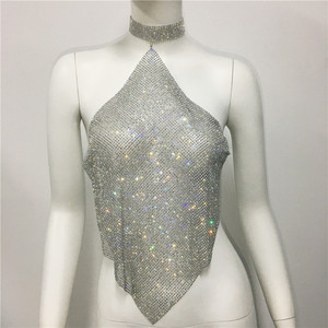 Halter Bling Sequined Women's Night Club Low Cut Halter Metal Sequins Chain Strap Deep V Exposed Umbilical tank Tops  0828 - Product Image 6