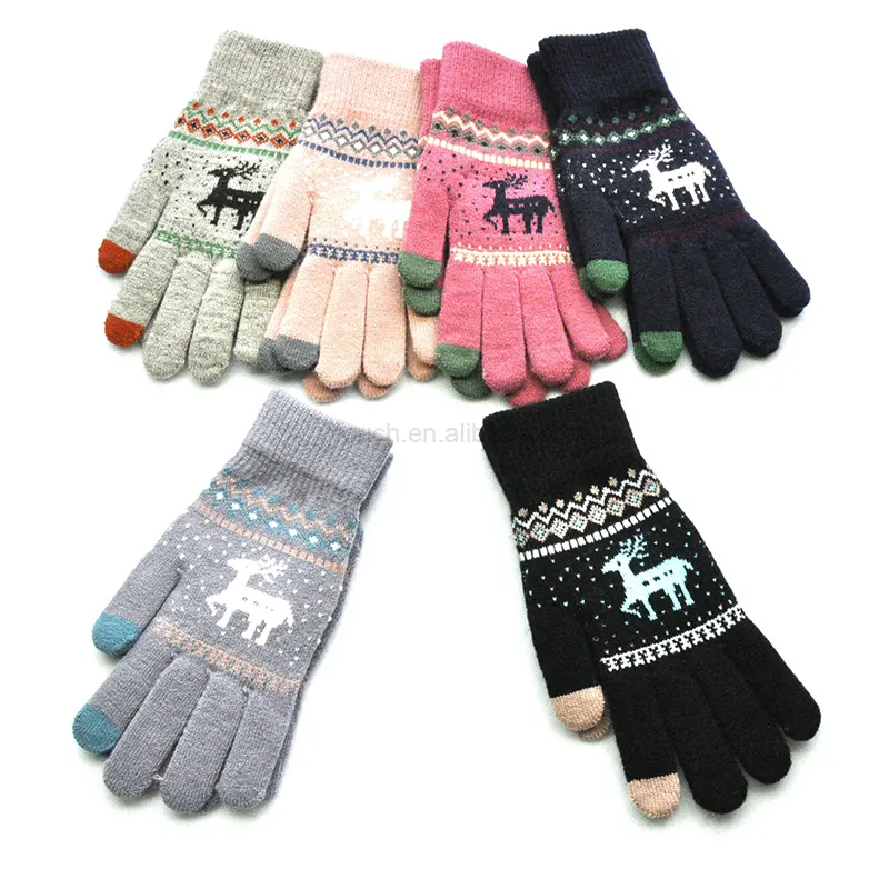 Guantes de invierno tejidos con diseño de ciervo, manoplas de punto con pantalla táctil, para invierno, se acepta diseño personalizado