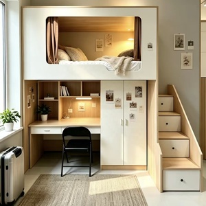 Household &amp; School Wooden <strong>Loft</strong> <strong>Bed</strong> with Desk, Storage Cabinet &amp; Stair Drawers for Small Bedroom Dormitory - Product Image 1