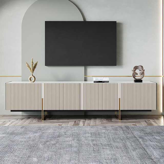 Modern Fluted TV Stand Media Console Cabinet with Gold Metal Legs for Living Room