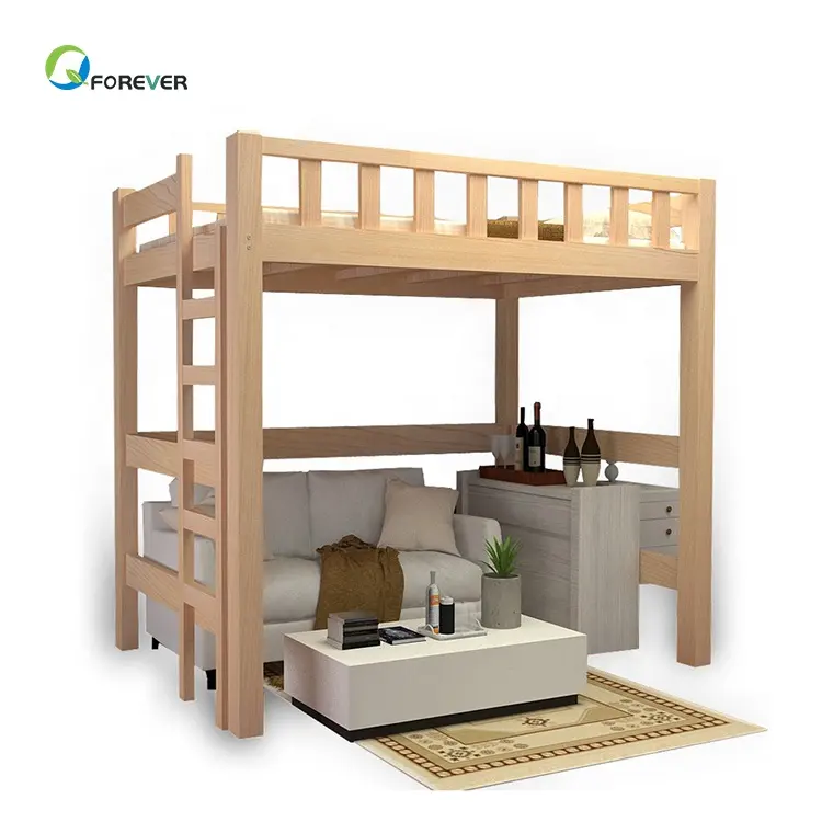 La capa superior de madera maciza cama elevada hoja ahorra espacio para los niños y los adultos cama litera