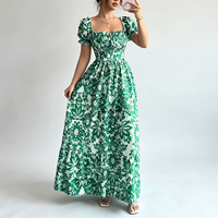 Nouvelle Robe Longue Florale Femme 2026 à Col Carré, Manches Bouffantes, Taille Smockée, Silhouette Évasée, Robe d'Été Bohème Chic ODMOEM