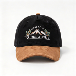 Gorra de 6 paneles de perfil alto para hombre, al por mayor, con visera de ante negro y camel, bordado de pino de montaña, para camping al aire libre, con logotipo personalizado y letras comunes - Product Image 4