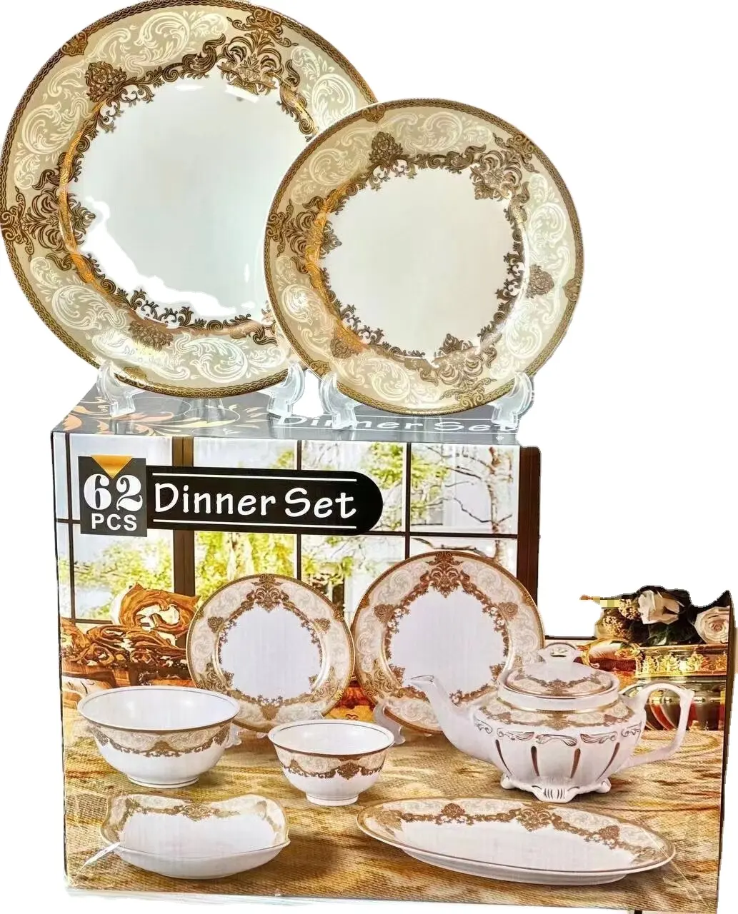 食器プレート結婚式の食器ディナー皿プレートセットゴールド卸売セラミックラグジュアリー62pcsセットカートン画像