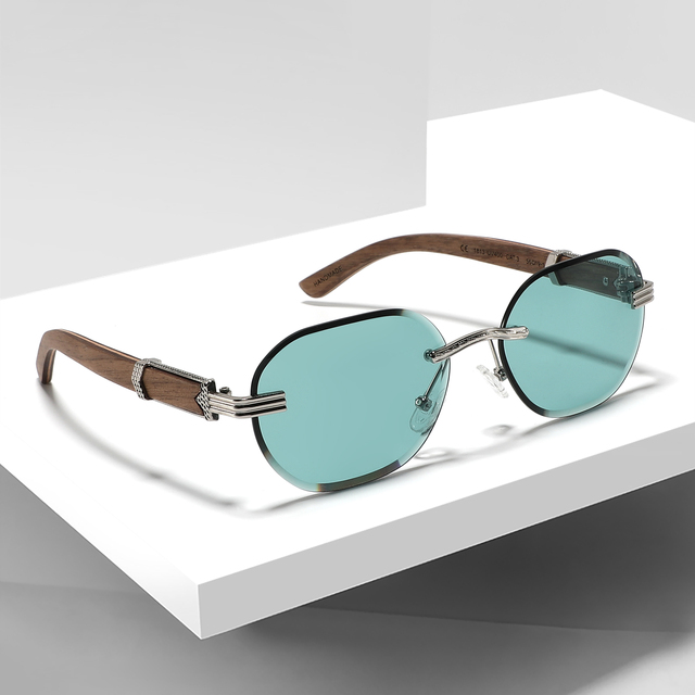 Unisex Luxury Oval Rimless Sunglasses UV400 Fashion Sun Glasses with Wood Temple High Quality Custom logo Eyewear for Men Women