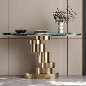 Modern Marble <b>Console</b> <b>Table</b> Oval Shape <b>Gold</b> Base Living Room Entryway Decor - Product Image 2