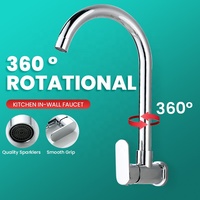 Robinet de cuisine mural monocommande avec douchette latérale rotative à 360°, bec haut en alliage de zinc, design moderne, en céramique, finition chromée