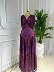 Vestidos de otoño para mujer con cuello en V fruncido, manga murciélago y estampado, a la moda - Product Image 2