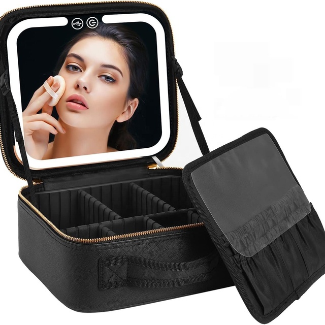 Women's Portable 10.23 Inch LED Light Mirror Makeup Bag Custom Logo PU Leather Vanity Case Zipper for Travel Beauty Product