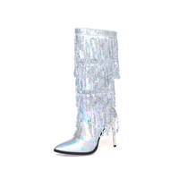 Bottes d'hiver personnalisées OEM ODM à talon aiguille et bout pointu avec pompons, pour femmes, en sequins holographiques et strass, idéales pour les fêtes et banquets