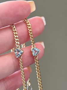 Bracelet en or véritable 18 carats avec cœur en aquamarine et maillons cubains de Xinfly Fashion Jewelry - Product Image 5
