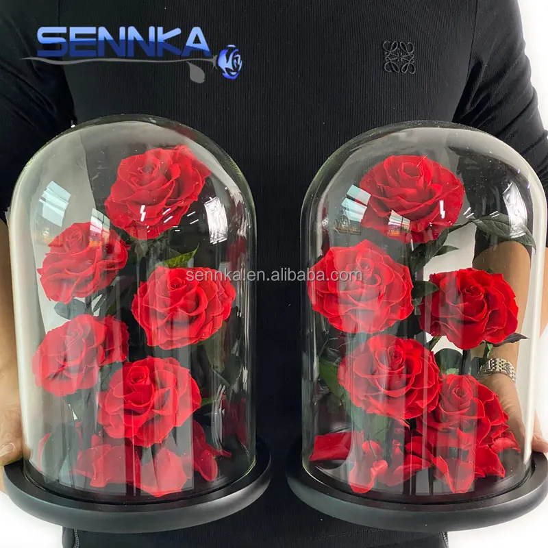 wholesale preserved rose dried flowers in glass dome for wedding decoration mother's day