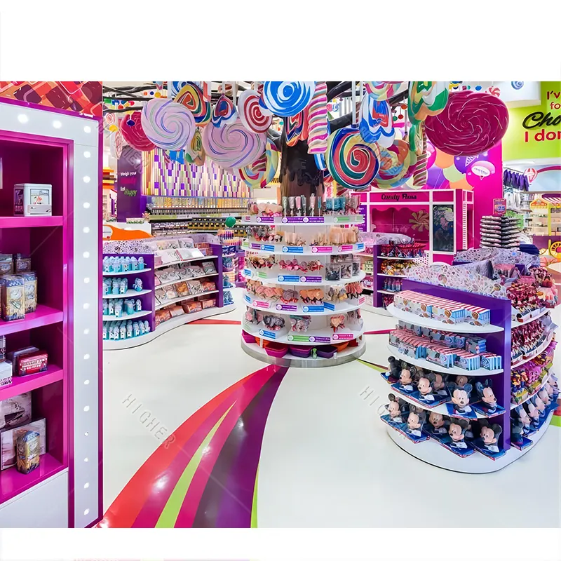 رفوف محلات السوبر ماركت لبيع الحلوى الملونة تصميم الشوكولاته عرض موقف محل الحلوى