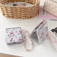 Coque de téléphone florale rouge tulipe style Cottagecore pour Galaxy Z Flip 8-3 avec sangle mignonne en perles de cristal rose 3-en-1 et protection pliable