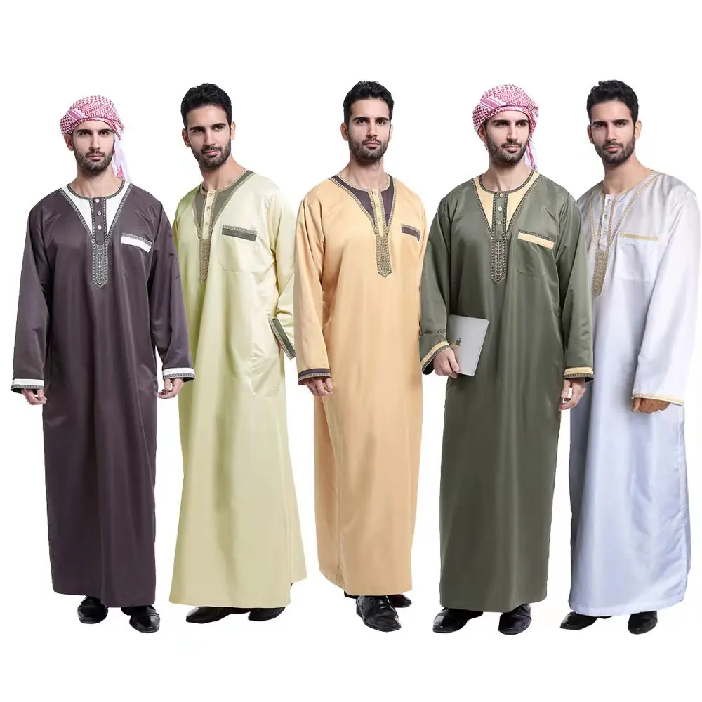 Toptan arap erkek Thobes suudi Eid Abaya Dubai uzun kollu Thobe müslüman uzun elbise erkekler için