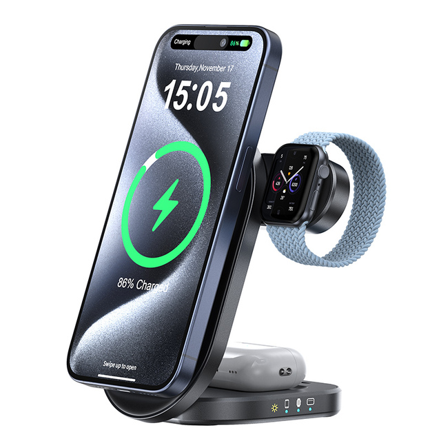 3-in-1 Qi2 Certificated  Magnetic Wireless Charger 15W PD3.0 Fast Charging for Phone Watch Earphone OVP/OTP Protection OEM/ODM