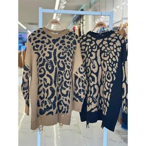 Sobe Pull à imprimé léopard pour femme, col rond, manches longues, décontracté, noir, coupe standard, automne - Product Image 2