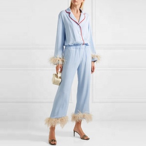 Moda cómoda manga larga cintura elástica pluma strimmed cielo azul pijama conjuntos mujer ropa de dormir - Product Image 2