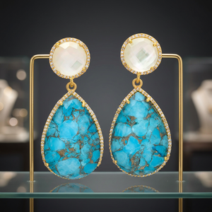 Nuevos Aretes de Moda para Niños con Turquesa y Perla, Gemas Dobles en Forma de Pera y Redonda, Bañados en Zinc Azul sobre Latón - Product Image 2