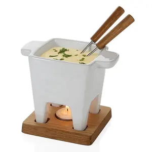 Pot de fusion en porcelaine personnalisé de forme carrée avec plateau en bambou ensemble de Fondue au fromage et au chocolat