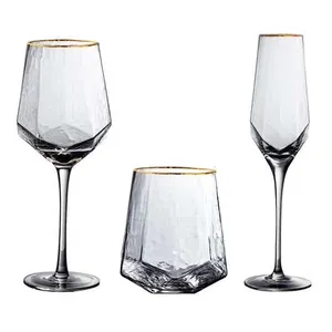 Hot Sale Wedding Unique Drinking Glass Design Hammered Gold Rim Crystal Red Wine Glass