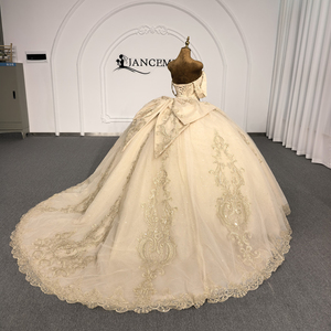 Robe de Quinceañera de luxe Lsdz008-Pz couleur or champagne, avec corset cœur, appliques en dentelle, tulle scintillant, robe de bal couleur bonbon pour fête - Product Image 5
