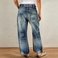 Jean large déchiré et délavé à la boue pour femme, style vintage décontracté avec ceinture décorative à motifs
