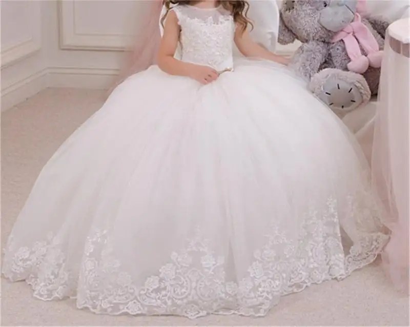Vestido de encaje esponjoso blanco para niña, bordado tridimensional, para dama de honor, de 6 años vestido de boda, piano de noche