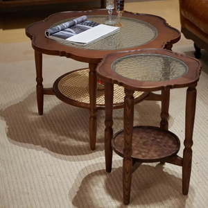 Tavolino da Caffè <span class=keywords><strong>in</strong></span> <span class=keywords><strong>Legno</strong></span> <span class=keywords><strong>Massello</strong></span> Naturale e Rattan, Stile Retrò a Forma di Fiore, Eco-Friendly, Design Vintage, Colore Noce per Soggiorno - Product Image 3