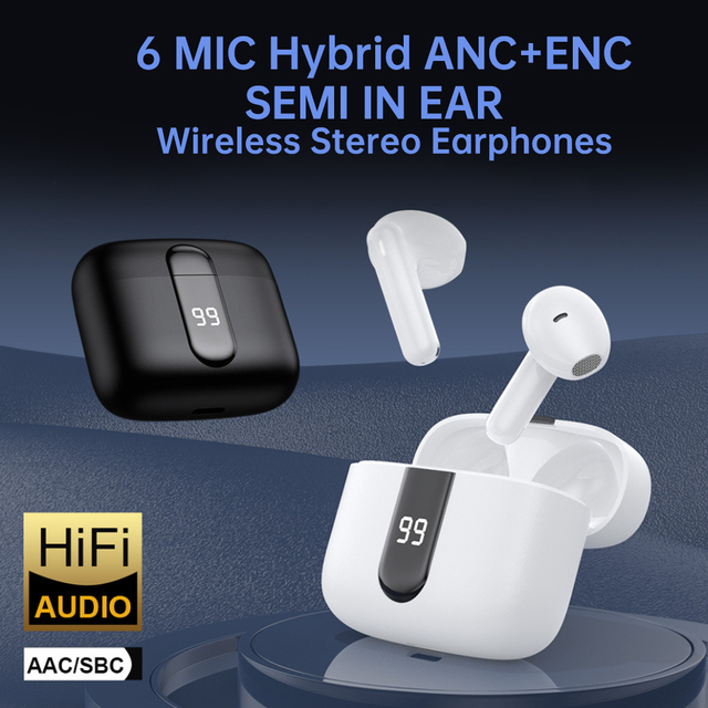 Hybrid 6 Mic ANC Noise Cancelling In-Ear Earbuds Wireless for Bluetooth Headphones with Digital Battery Indicator