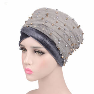 N880 Jolie perle velours Turban casquettes écharpe africaine chapeaux de <span class=keywords><strong>chimio</strong></span> doux chignon chapeau bandeau musulman bonnet bonnet bandanas - Product Image 2