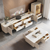 Élégants Meubles TV et Ensemble Table Basse Table d'Appoint Porte en Verre Avec Tiroir Plateau en Ardoise de Luxe Pied en Acier Inoxydable