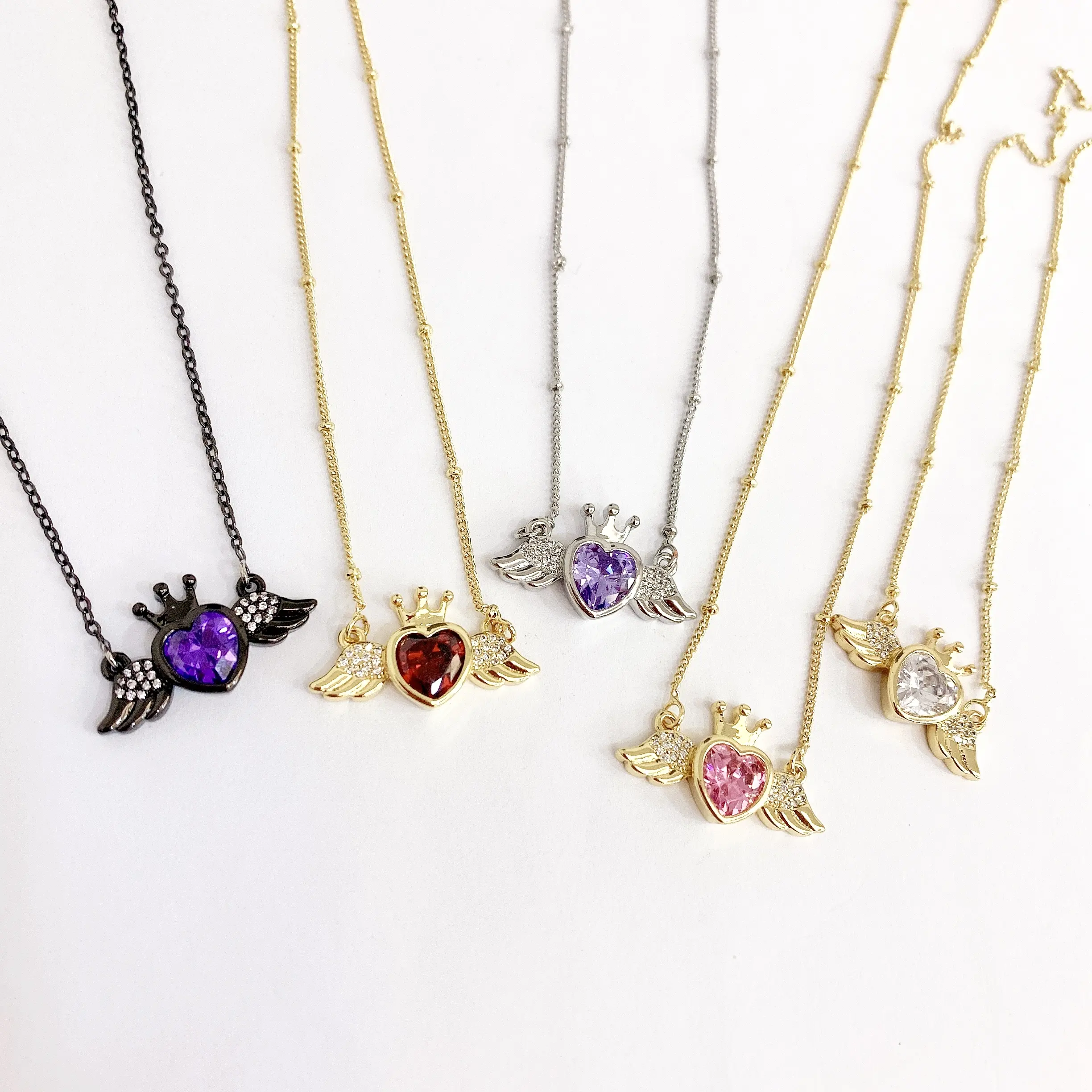 LS-B3496 Colorful crystal necklace with gold and silver plated necklace and purple pink red white heart pave and cz pave pendant