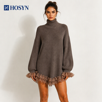 Robe pull ample en maille unie pour femme, col roulé haut, manches longues lanternes, ourlet à volants en dentelle, mini-robe oversize