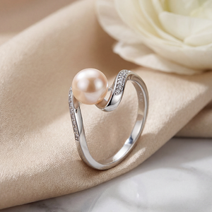 Copper Twisted S Curve CZ Pave Freshwater Pearl Ring Swirl Band Elegant Pearl Jewelry for Women Wedding <b>Gift</b> - Product Image 5