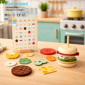 EDULAND OEM ODM CPC CE Jouets de cuisine en bois Montessori, ensemble de jeu d'imitation de nourriture (hamburger et sandwich), vaisselle de cuisine, maison de jeu - Product Image 1