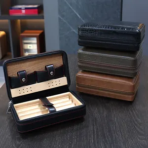 Factory Wholesale Travel Humidor Cedar Wood PU Leather Cigar Case Bag Hold 4 Cigars Luxury Cigar Humidor Box