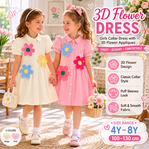 Vestido de Color Sólido <span class=keywords><strong>para</strong></span> <span class=keywords><strong>Niñas</strong></span> con Apliques de Flores en 3D, Cuello con Mangas Abullonadas, Vestido de Boutique <span class=keywords><strong>para</strong></span> <span class=keywords><strong>Niñas</strong></span> - Product Image 1