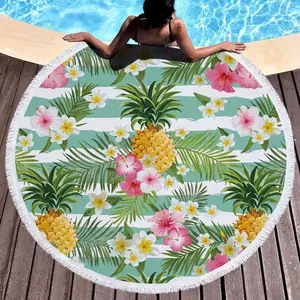 Geometrical terry cloth with fringe can be printed logo as picnic mat pattern round beach towel with tassels Pineapple digital