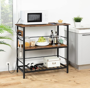 <span class=keywords><strong>Table</strong></span> de rangement rustique marron noir pour îlot de cuisine Station de café à 3 niveaux Support pour <span class=keywords><strong>micro</strong></span>-ondes Prise de courant en bois pour la salle à manger à la maison - Product Image 2