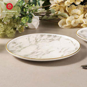 أطباق تسوق مخصصة باللون الأبيض والذهبي عالية الجودة مستديرة صينية مسطحة بحافة ذهبية للمطاعم - Product Image 4