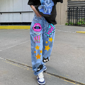 Pantalones Vaqueros Estampados Casuales de Estilo Explosivo <span class=keywords><strong>para</strong></span> <span class=keywords><strong>Mujer</strong></span>, <span class=keywords><strong>Ropa</strong></span> Transfronteriza con Estampado de Cara Sonriente, Piernas <span class=keywords><strong>Anchas</strong></span>, Holgados, Talla Grande - Product Image 4