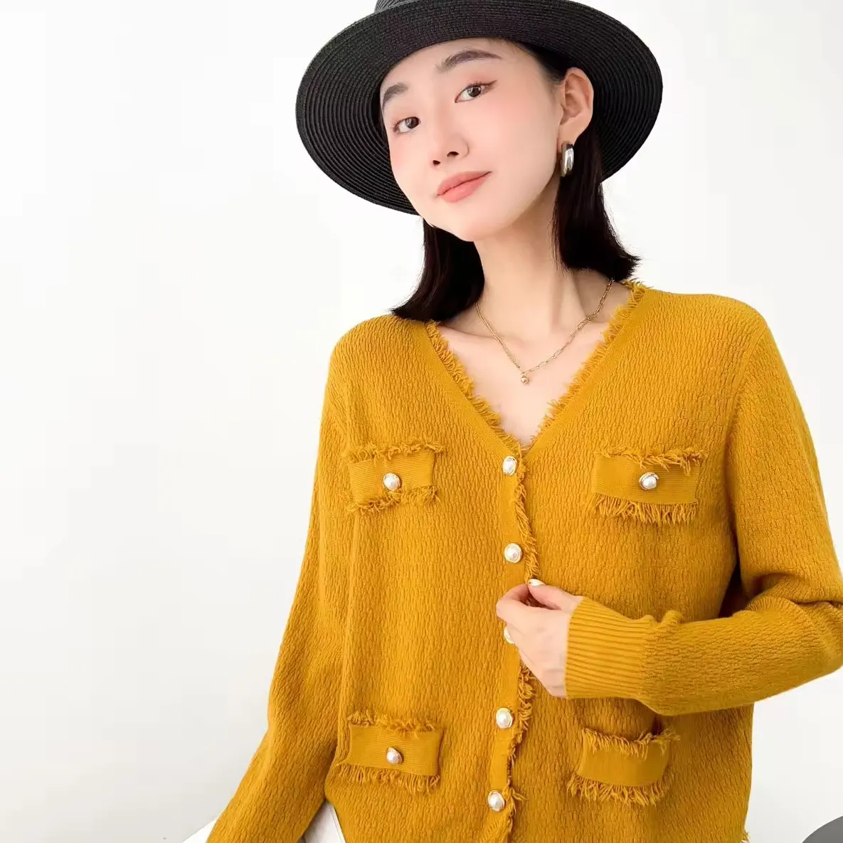 Phụ Nữ Thanh Lịch Thời Trang Tua Trang Trí Đan Áo Tweed Dày Áo Len Phong Cách Ngắn Top Tùy Chỉnh Sợi Đan Cardigan