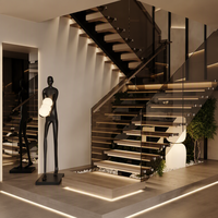 Escalier droit CBMmart en verre trempé couleur marron classique avec poutre monobloc et marches en bois massif avec éclairage LED pour appartement