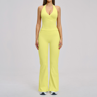 Stelan Yoga Wanita Ramah Lingkungan, Bahan Bernapas, Polos, Pendek, Slim Fit, Seksi, Tanpa Punggung, Off-Shoulder, Atasan Vest, Celana Flare 2-Piece