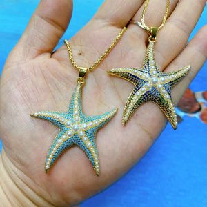 Musim panas gaya baru Pave permata mutiara manik-manik biru bintang laut desain liontin untuk membuat kalung berlapis emas kuningan perhiasan untuk wanita pria - Product Image 6